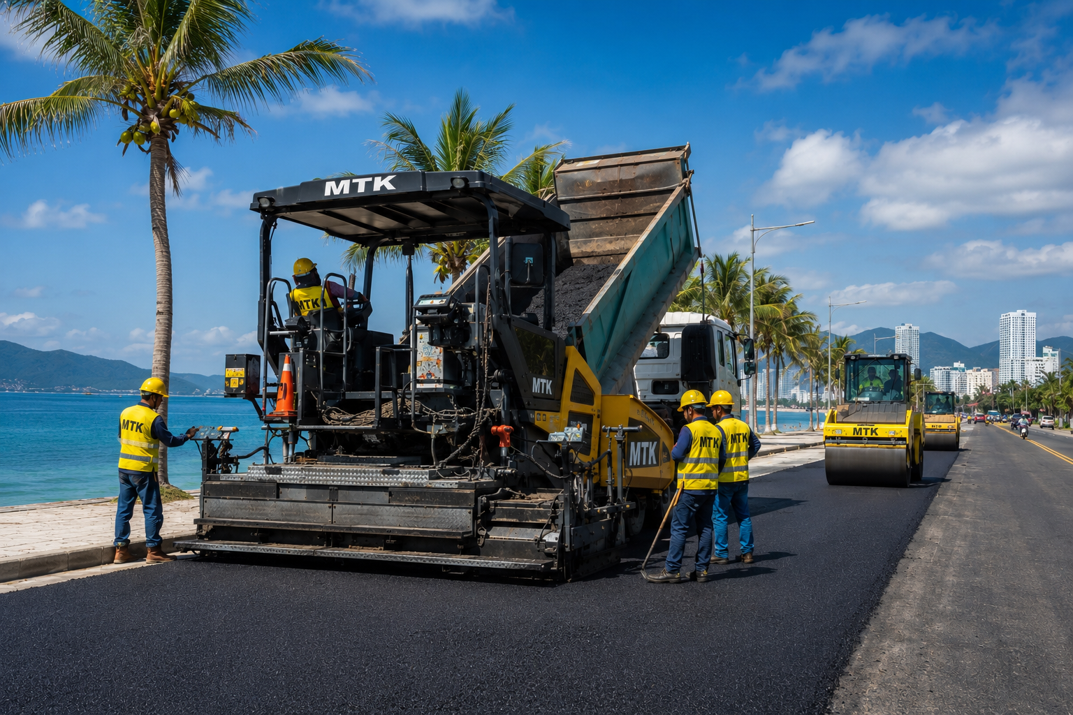 Đội ngũ MTK thi công thảm bê tông nhựa nóng tại Nha Trang cho tuyến đường giao thông ven biển