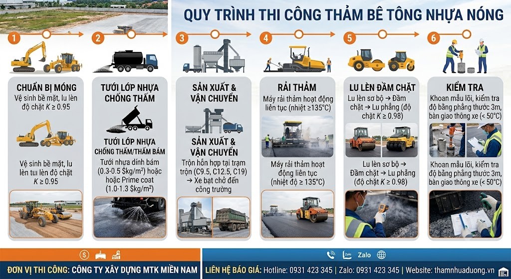 Quy trình thi công thảm bê tông nhựa nóng MTK đạt chuẩn kỹ thuật Quy trình thi công thảm bê tông nhựa nóng MTK đạt chuẩn kỹ thuật