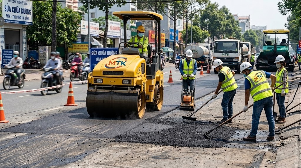 Đội ngũ Xây Dựng MTK thi công dặm vá và sửa chữa đường nhựa Đội ngũ Xây Dựng MTK thi công dặm vá và sửa chữa đường nhựa
