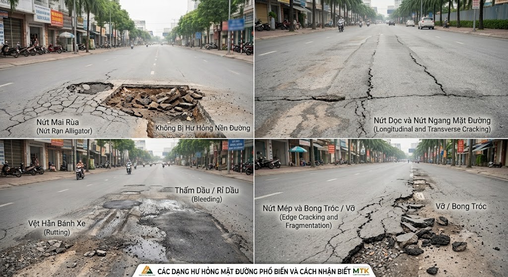 Mặt đường nhựa bị xuất hiện ổ gà và nứt chân chim Mặt đường nhựa bị xuất hiện ổ gà và nứt chân chim