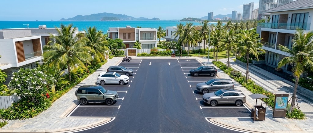 Bãi đỗ xe ô tô trải thảm nhựa nóng phẳng mịn cho khu resort tại Nha Trang
