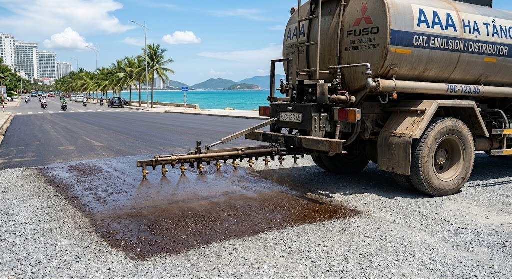 Công đoạn tưới nhựa dính bám Cationic đảm bảo độ liên kết bề mặt trước khi rải nhựa